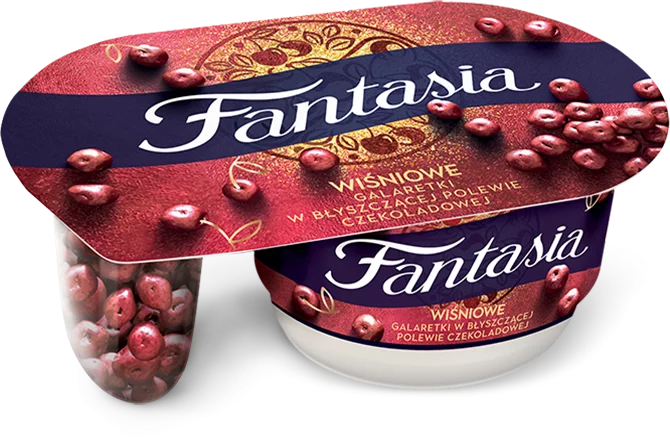 Fantasia jogurt kremowy z wiśniowymi galaretkami w błyszczącej polewie czekoladowej