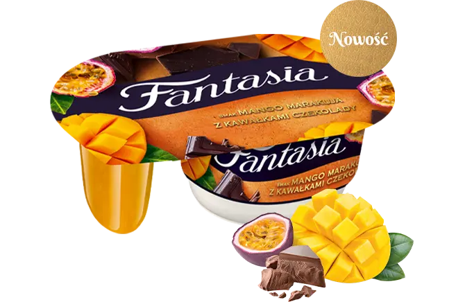 Jogurt kremowy o smaku mango-marakuja z kawałkami czekolady